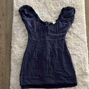 La Hearts Blue Ruched Cap Sleeve Mini Dress